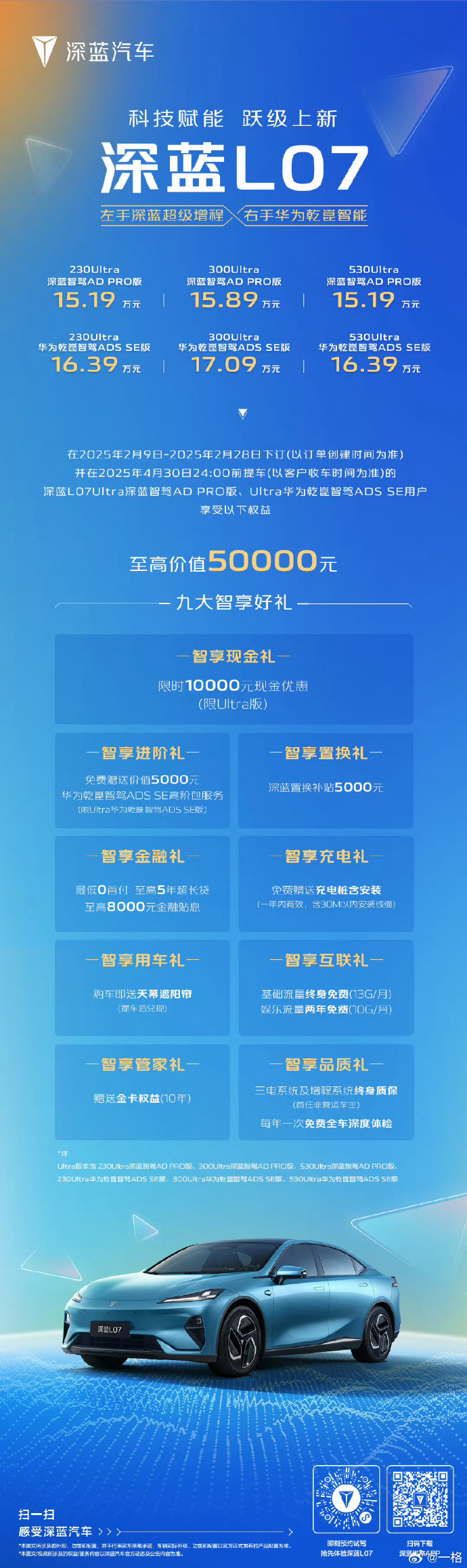 全系标配华为乾崑智驾 2026款深蓝L07起售价13.59万元