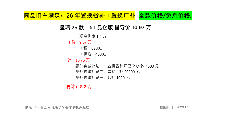成都星瑞价格最低8.97万起 暂无优惠